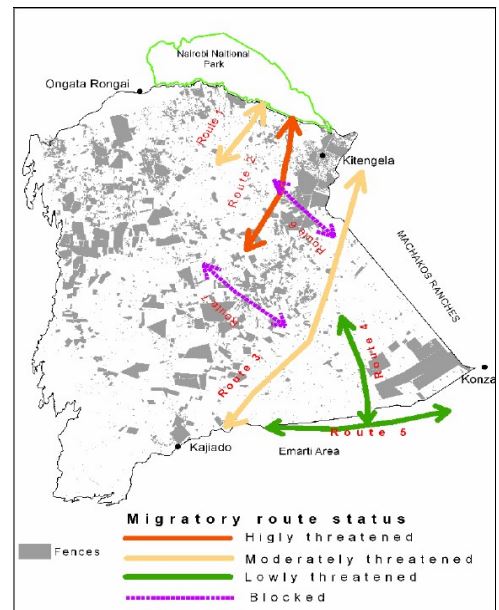 Map of NNP showing status of animal migratory routes