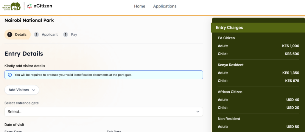 Snapshot of Nairobi National Park Entry Ticket Purchasing Portal on KWSPay Ecitizen