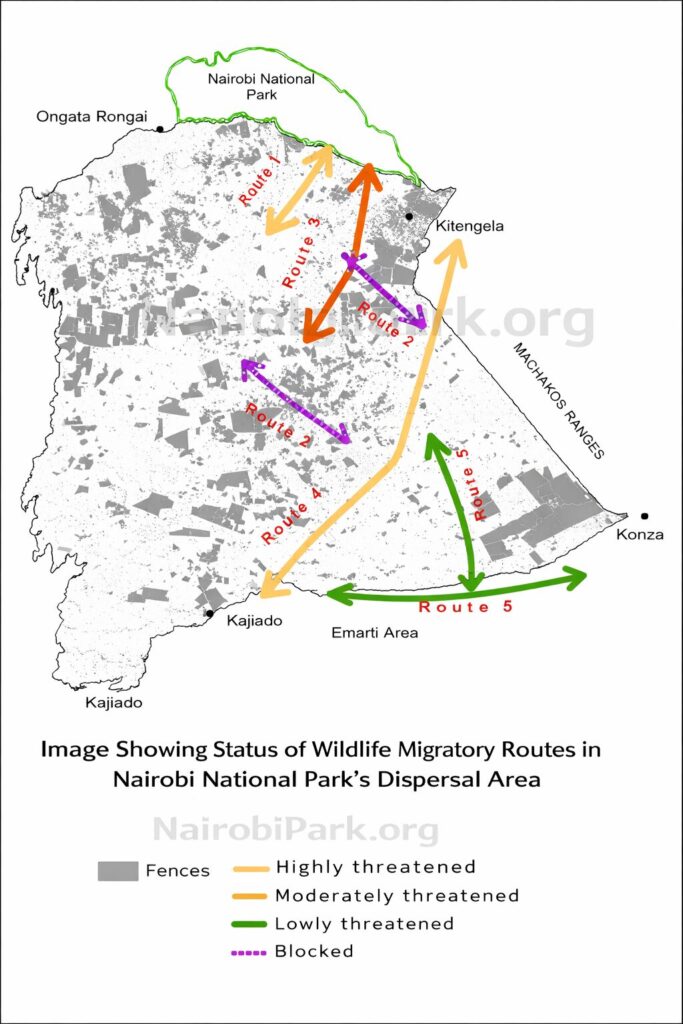Image by NairobiPark.org showing the status of NNP Migration Corridors