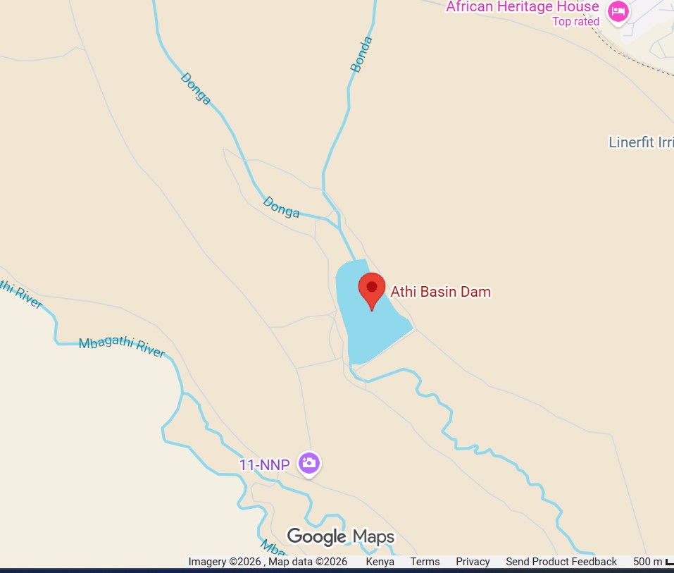 Screenshot of Google Maps Showing Athi Basin Dam at Nairobi National Park Southern End