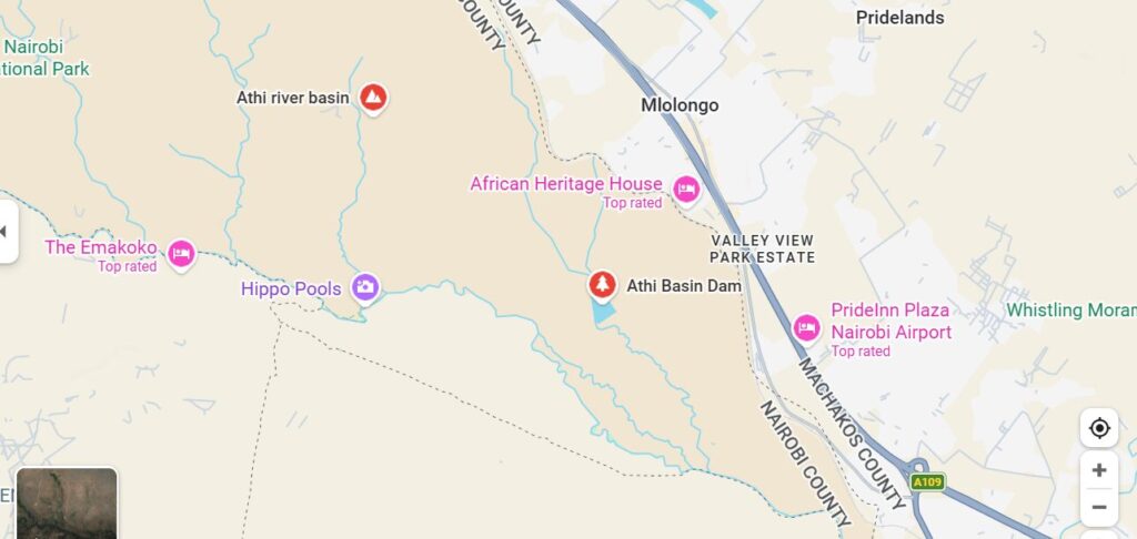 Snapshot of Google Maps Showing Location of Athi Basin Dam Attraction inside Nairobi National park